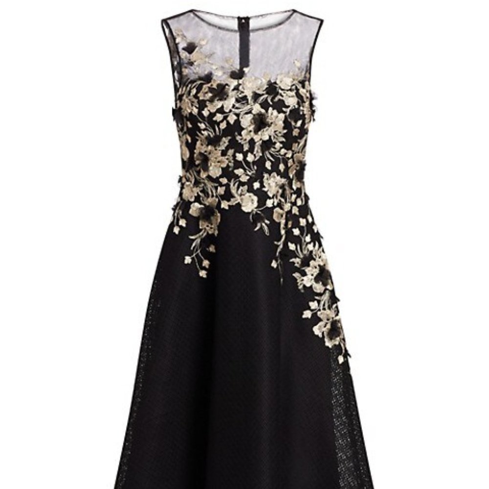 Rickie Freeman for Teri Jon Black Mesh Midi Dress with Gold Floral Appliqué - Picture 4 of 6